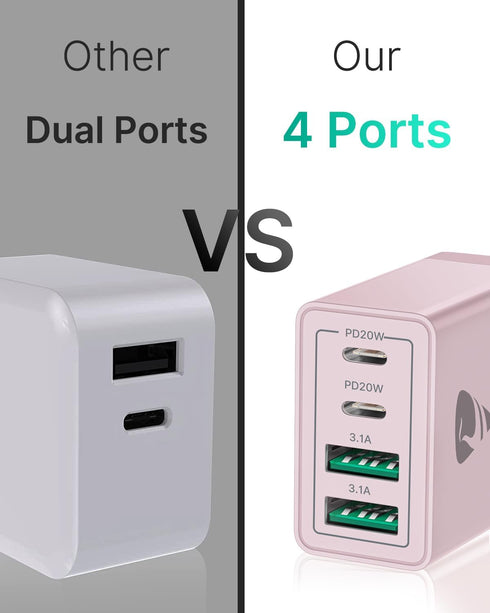 40W USB C Charger Cube, 2-Pack Fast Charging Block, 4-Port QC Wall Plug + PD 3.0 Power Adapter for iPhone, iPad, Samsung