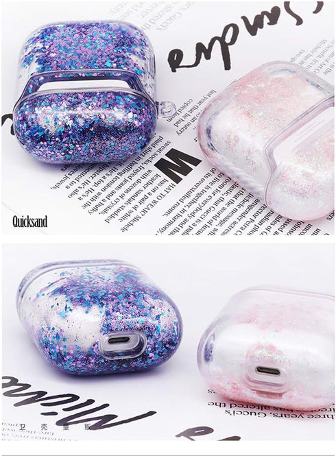 UnnFiko Bling Quicksand Case for AirPods 3 - Cute Sparkle Liquid Protective Cover with Keychain (Purple).
