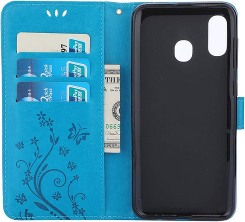 Galaxy A30 Case, Galaxy A20 Case, Butterfly Embossed PU Card Slots & Kickstand Leather Wallet Flip Protective Cover,