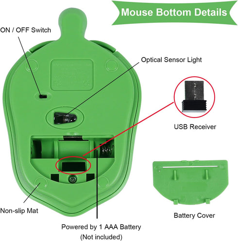 Cute Animal Turtle Shaped Wireless Mouse, 3 Buttons, 1600 DPI Kawaii Silent Optical Cordless Mice for Laptop PC (Green)