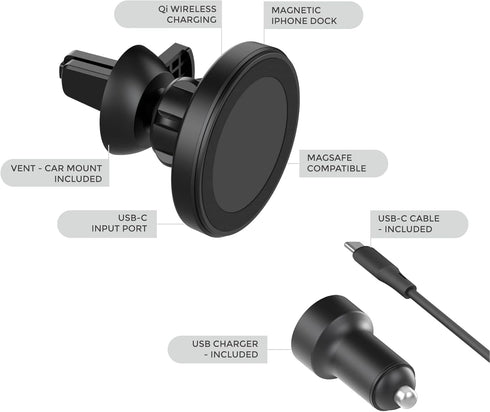Magnetic Car Dock for MagSafe & iPhone Wireless Charging, 15 Watt Fast Charging with USB Car Charger