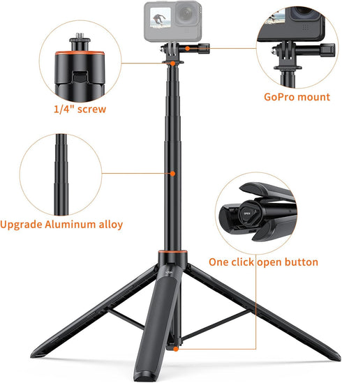 VRIG 54" Extendable Camera Tripod for Insta360 X4 X3 X2, Mini Portable Stand for Hero 12 11 10 9 8 7 6 5