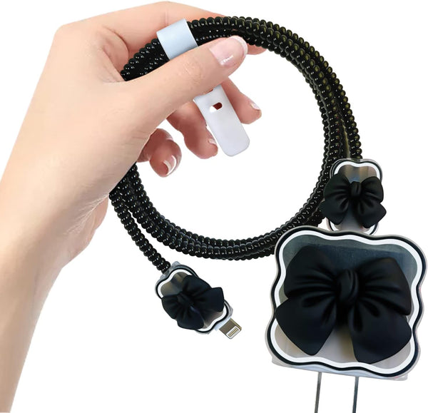 Kawaii Phone Cable Protector for iPhone 18W/20W USB-C Charger, Clear Soft Protective Case Data Line Cover, Black