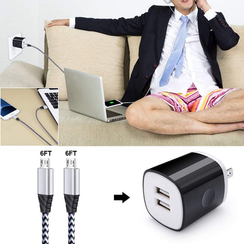 6FT Fast Charger Micro USB Cable & 2.1A Dual Wall Charger for LG Stylo 2/3, G3/G4, K30/K20 Plus, Kindle Fire 7/8/10.