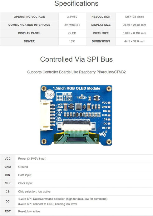 waveshare 1.5inch 128x128 16-bit (65K Communicating RGB OLED Display Module Pixels High Color Colors) with Embedded