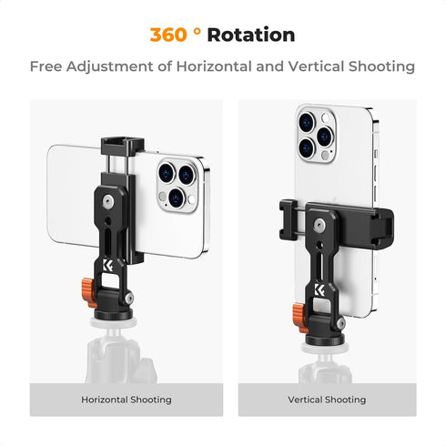 K&F Concept Metal Phone Tripod Mount, Universal Smartphone Stand with 2 Cold Shoe Mount, Adjustable Cellphone Holder