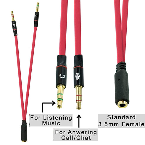 SaiTech IT 3.5 mm Exclusives Headphone Splitter for Computer 3.5mm to 2 Dual Mic Audio Y Splitter Cable Smartphone Headset to PC Adapter, Tablet (2Pk Red 2M 1F)