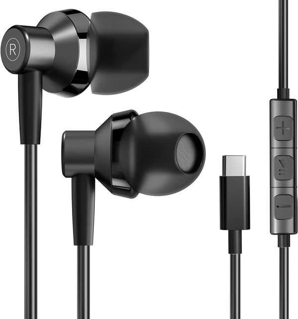 USB Type C Headphones with Microphone & Volume Control - Stereo Earphones for Samsung Galaxy S20+/S21, Google Pixel,