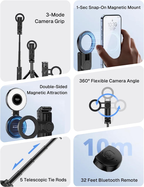 MAGIC JOHN 2 Phone Tripod with Selfie Light, Portable Pocket Size Selfie Stick for iPhone Magsafe, Selfie Stick