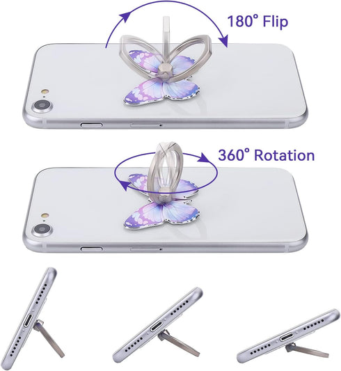 Cobee 3 Pcs Butterfly Cell Phone Ring Stand Holder, Cute Pattern Painted Metal Kickstand, 360°Rotation, Blue, Purple,