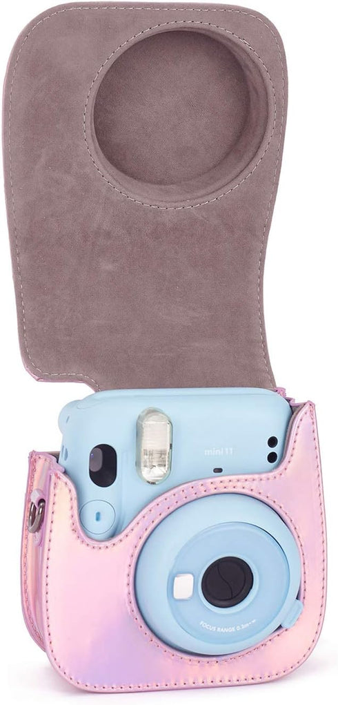 Phetium Instant Camera Case for Instax Mini 11/12, PU Leather Bag with Pocket and Adjustable Shoulder Strap (Magic Pink)