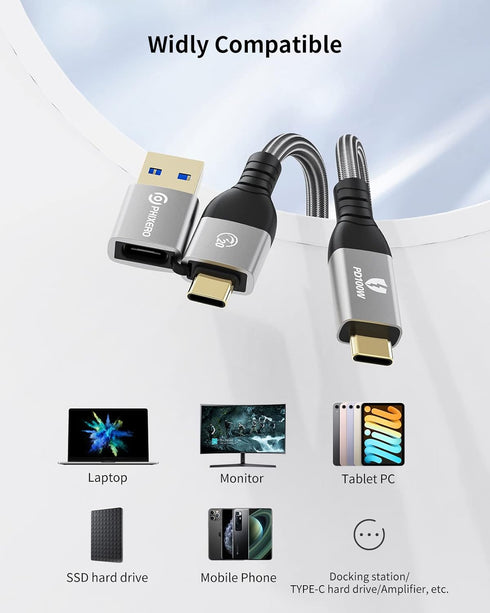 PHIXERO USB C to USB C Cable - 100W/20Gbps/3.3Ft, 4K@60Hz Video Output, USB-A/C to USB-C for MacBook Pro/Air