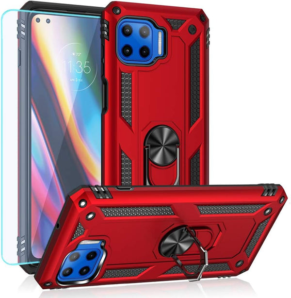 for Moto One 5G Case with HD Screen Protector, Military Grade Ring Car Mount Kickstand Hybrid Protective Case