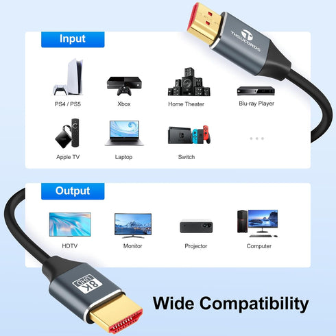 8K 6.6FT, 2.1 8K@60Hz, 4K@120Hz 144Hz 48Gbps Thsucords Silicone HDMI Cable Flexible Slim High Speed HDMI Cord Supports