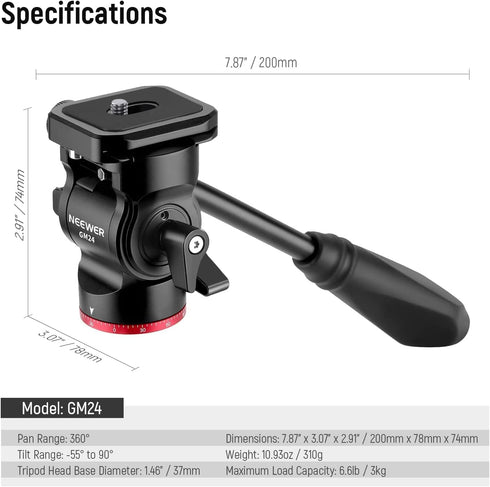 NEEWER Tripod Fluid Head Pan Tilt Head with Quick Release Plate - Metal Camera Tripod Head for Compact Video Cameras