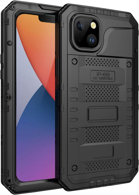 Marrkey Heavy Duty Waterproof Case for iPhone 14, Durable Metal Full Body Protection, Shockproof Rugged Defender, Black