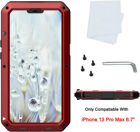 Marrkey iPhone 13 Pro Max Case, 360 Full Body Protective Heavy Duty Shockproof Tough Armour Aluminum Case - Red