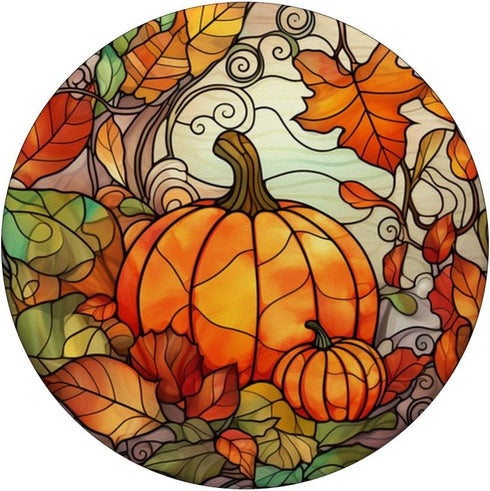 Halloween Pumpkin Fall Leaves Round Stained Glass PopSockets Standard PopGrip