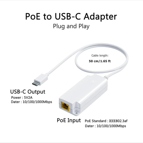 Gigabit PoE to USB C Converter for Smart Phone/Tablet, USB-C to Ethernet Adapter with 10W Charging, Plug & Play