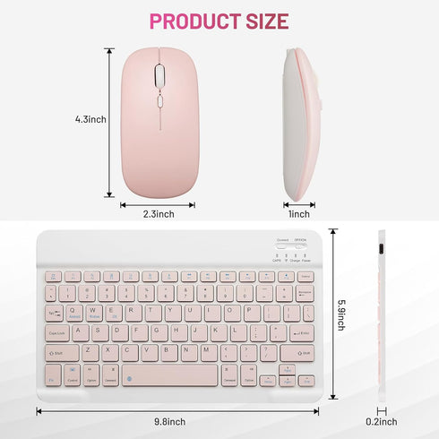 Bluetooth Keyboard and Mouse Combo - Rechargeable Wireless Set for Apple iPad, iPhone, Samsung Tablet, Pink