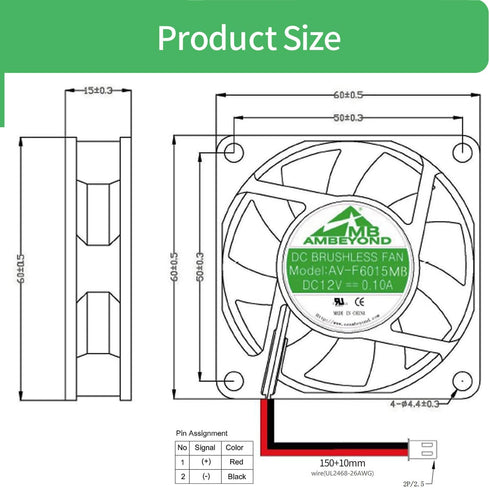 60mm x 60mm x 15mm 6015 12V DC 0.10A Ball Bearing Brushless Cooling Fan, 2pin AV-F6015MB UL TUV