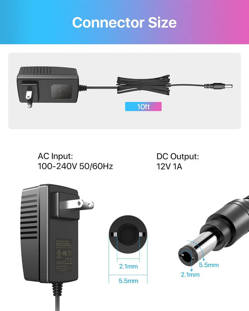 ZOSI DC 12V 1A 1000mA US CCTV Power Supply Adapter, 3m Long Power Cords for Home Security Camera