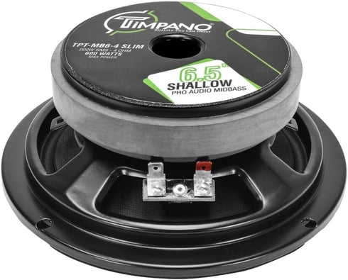 Timpano 6.5 Inch Shallow Car Speaker, 600 Watts TPT-MB6-4 SLIM Profile 4 Ohm, Compact for Doors, Single