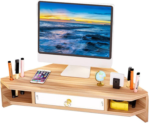 Triangle Monitor Riser, Cut Triangular Desktop Corner Stand with Drawers, Wooden Computer Stand for Office Organization