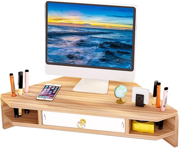 Triangle Monitor Riser, Cut Triangular Desktop Corner Stand with Drawers, Wooden Computer Stand for Office Organization