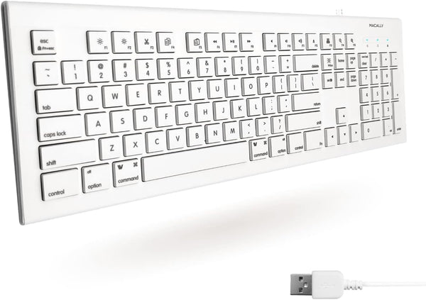 Macally Full Size USB Wired Keyboard for Mac and PC, Plug & Play with 15 Shortcut Keys for Easy Controls & Navigation