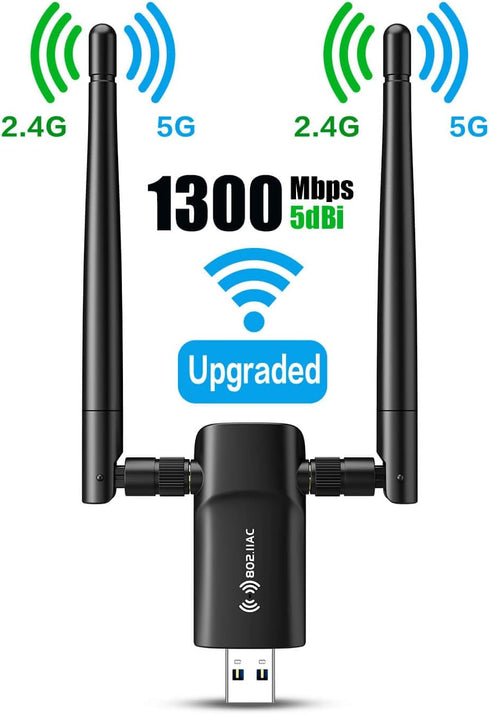 Wireless USB WiFi Adapter for PC - 1300Mbps Dual 5Dbi Antennas for Desktop PC Laptop Windows