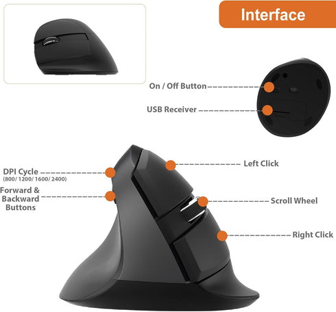J-Tech Digital Left Handed Wireless Ergonomic Vertical Mouse, Black, for Small Hands, 4 DPI, USB Nano Transceiver, AA