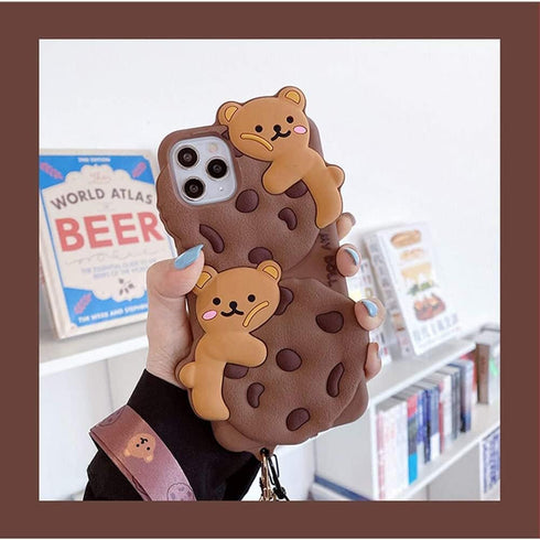 SGVAHY Phone Case for iPhone 13 Case Cute iPhone Case with Strap Lanyard Keychain Kawaii Phone Cases Funny Soft Silicone Shockproof Protective iPhone 13 Case for Women Girls (Bear Cookie Khaki)