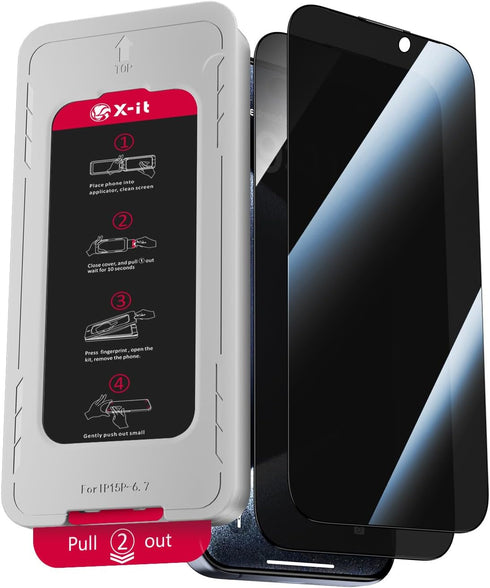 X-it 2-Pack Privacy Screen Protector for iPhone 15 Pro (6.1"), 9H+ Tempered Glass, Auto-Dust Removal, Military Grade