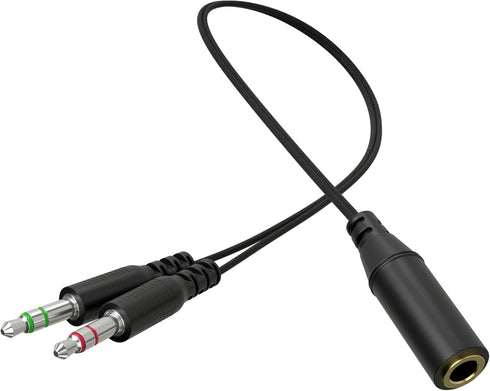 3.5mm Headphone Splitter Cable: 1 Female to 2 Male for Aux, Mics, Earbuds, Gaming Headset, PC, Laptop, Tablet - Black