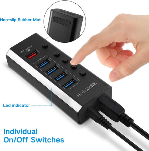 Powered USB Hub, RSHTECH USB 3 Hub with 4 USB 3.0 Data Ports + 1 Fast Charging Port, Individual On/Off Switches