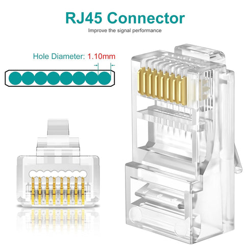 UTP RJ45 Connectors, Cat6 Pass Through Plugs 50-Pack with Strain Relief Boots for Solid or Standard Ethernet Cables,