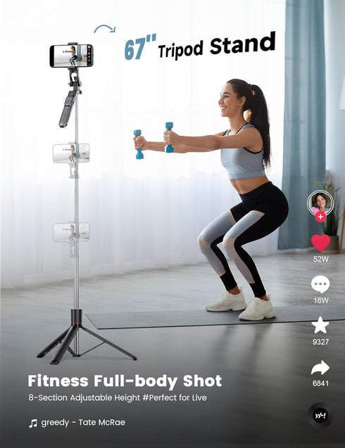 kzomKzoo 67 360 Selfie Stick Tripod with Light, Basic Phone Stand for iPhone & Samsung, All-in-One Extendable Tripod