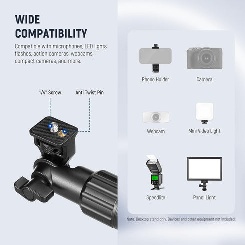 NEEWER Overhead Camera Mount Arm with Phone Clip, 22"/56cm 180°&360° Flexible Holding Arm for Desk Stand, Fits