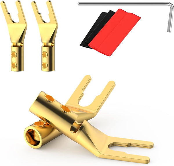 HiFi Speaker Y Spade Connectors, Dual Screw Locking Speaker Cable Plug, Fork Spade Connectors with Allen Wrench, 4PCS