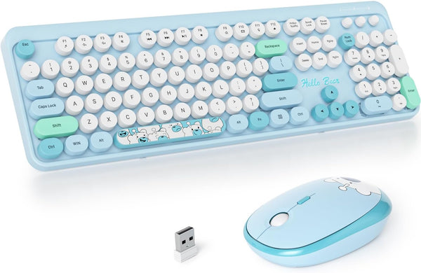 Fogruaden Wireless Keyboard and Mouse Combo, 2.4GHz Retro Typewriter Keyboard, 104 Full Size Round Keycap Cute Computer