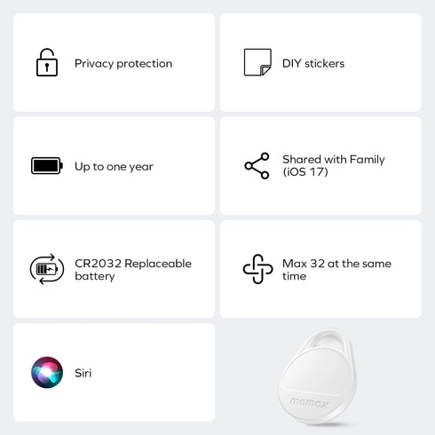 Momax Tracker Smart Tag for Key, Backpack, Wallet, Pets, Works with Apple Find My (iOS Only), Includes DIY Stickers
