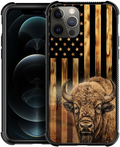 TnXee iPhone 12 Case - Wood Grain American Flag Cow/Bison Design, Shockproof & Anti-Scratch for Men & Women.