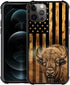 TnXee iPhone 12 Case - Wood Grain American Flag Cow/Bison Design, Shockproof & Anti-Scratch for Men & Women.