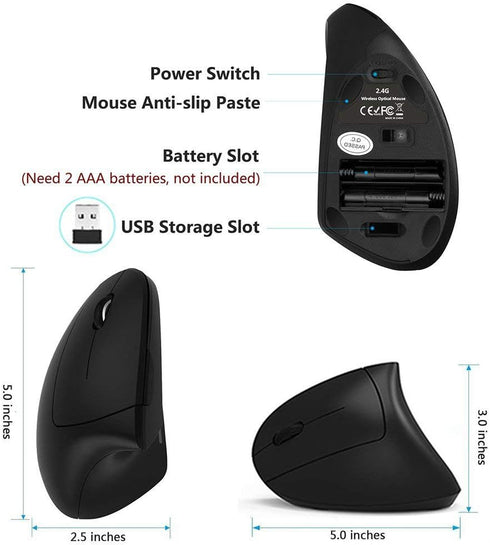 Lekvey 2.4 Left Handed Mouse, Wireless GHz USB Lefty Left Hand Ergonomic Vertical Mouse, Less Noise - Black