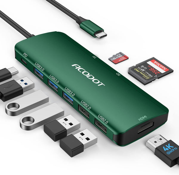 USB C Hub, Acodot 9 in 1 USB C to 4K@60HZ HDMI Multiport Adapter, Designed for MacBook Pro, Air, HP XPS