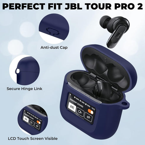 Case Cover for JBL Tour Pro 2, Dark Blue Silicone Protective Shockproof Earbuds Case with Keychain, 2023 Compatible