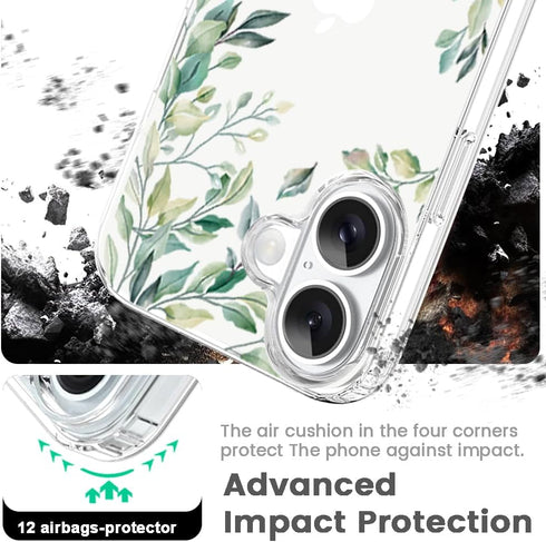 KEXAAR 17 2025 6.3", 17 Compatible with iPhone Case, Clear Floral Flower Green Leaves Tree Shockproof Protective Bumper