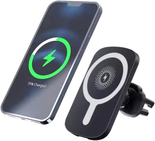 Magnetic Wireless Car Charger with 5W, 7.5W, 10W, 15W Output, Dashboard and Air Vent Phone Holder Charger (Black)
