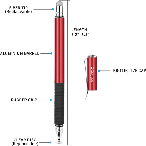 Mixoo Stylus Pens for Touch Screens, 2 in 1 High Sensitivity Disc & Fiber Tip for iPad, iPhone, Tablets, Red